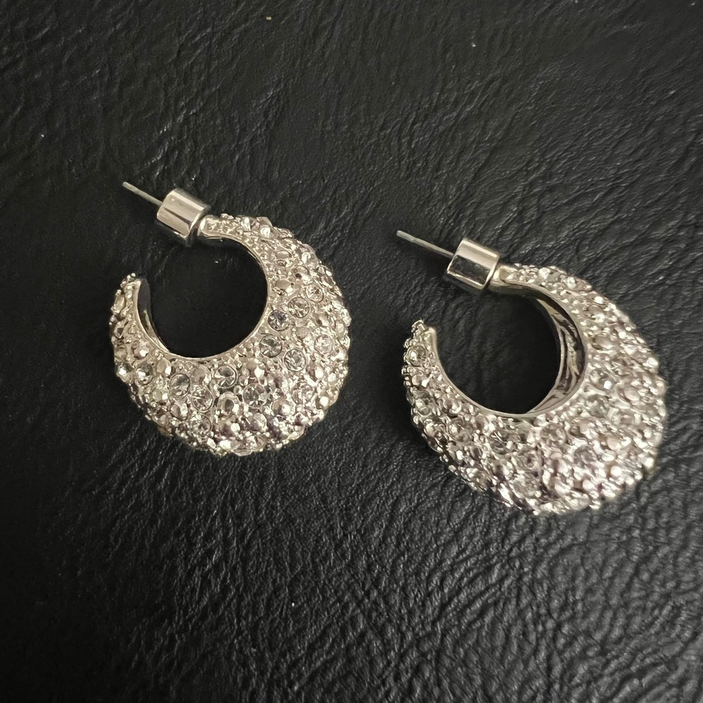 Vintage Silver Tone Rhinestone Pave Chunky C Hoop Earrings 1" Glamcore
